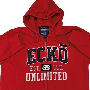 Echo Hoodie Jacket Full Zip Men L 46" Vintage Spellout Logo Black Red Sweatshirt